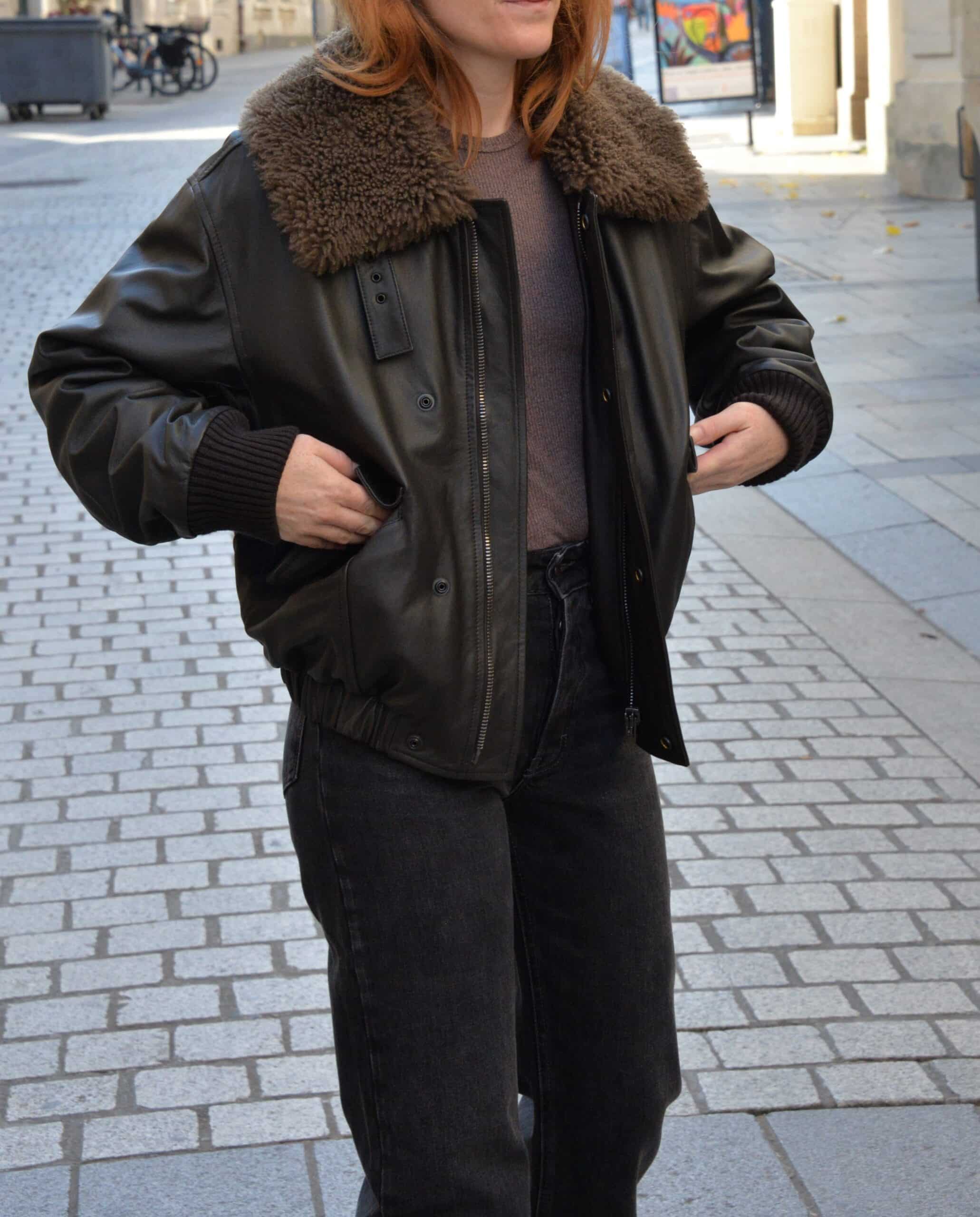 Blouson en Cuir à Col Shearling